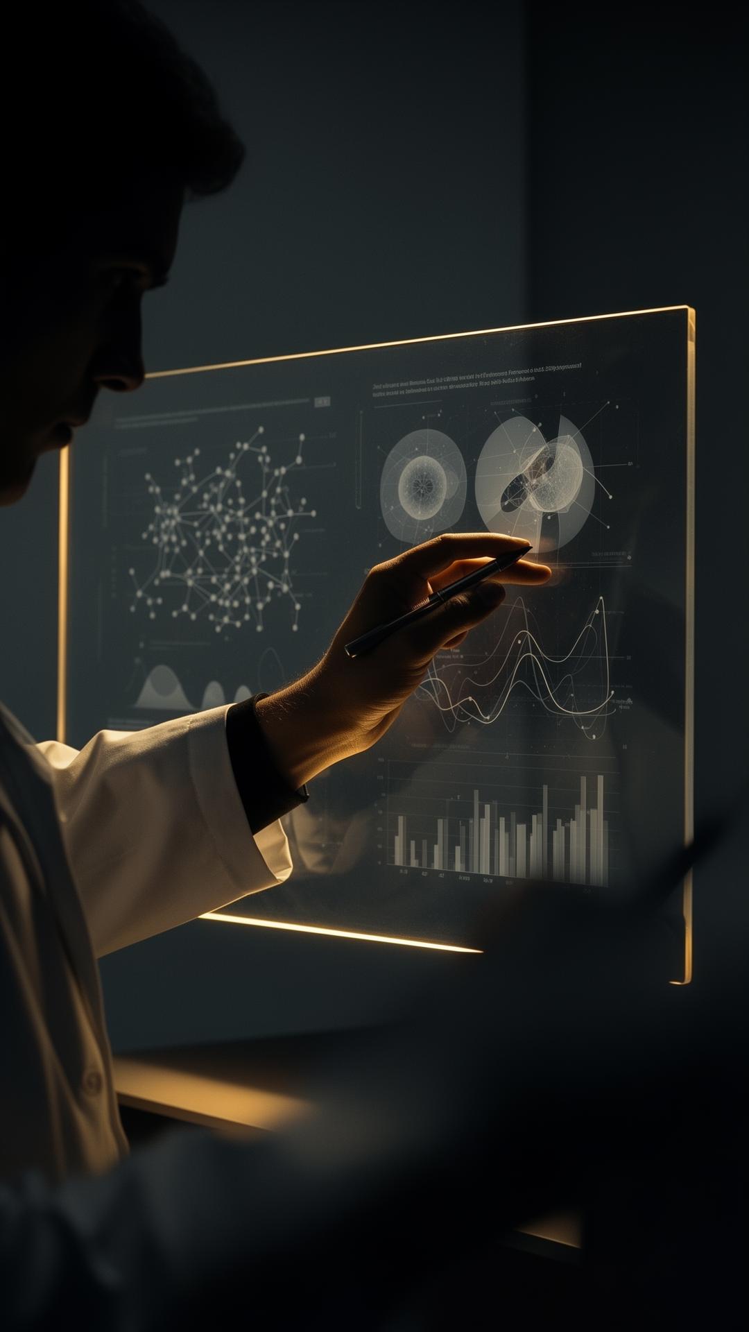 Researcher interpreting scientific data on translucent display